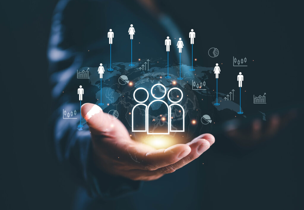 customer relationship management, businessman use tablet with global structure customer network technology, data exchanges development. customer service, social media. digital marketing online.